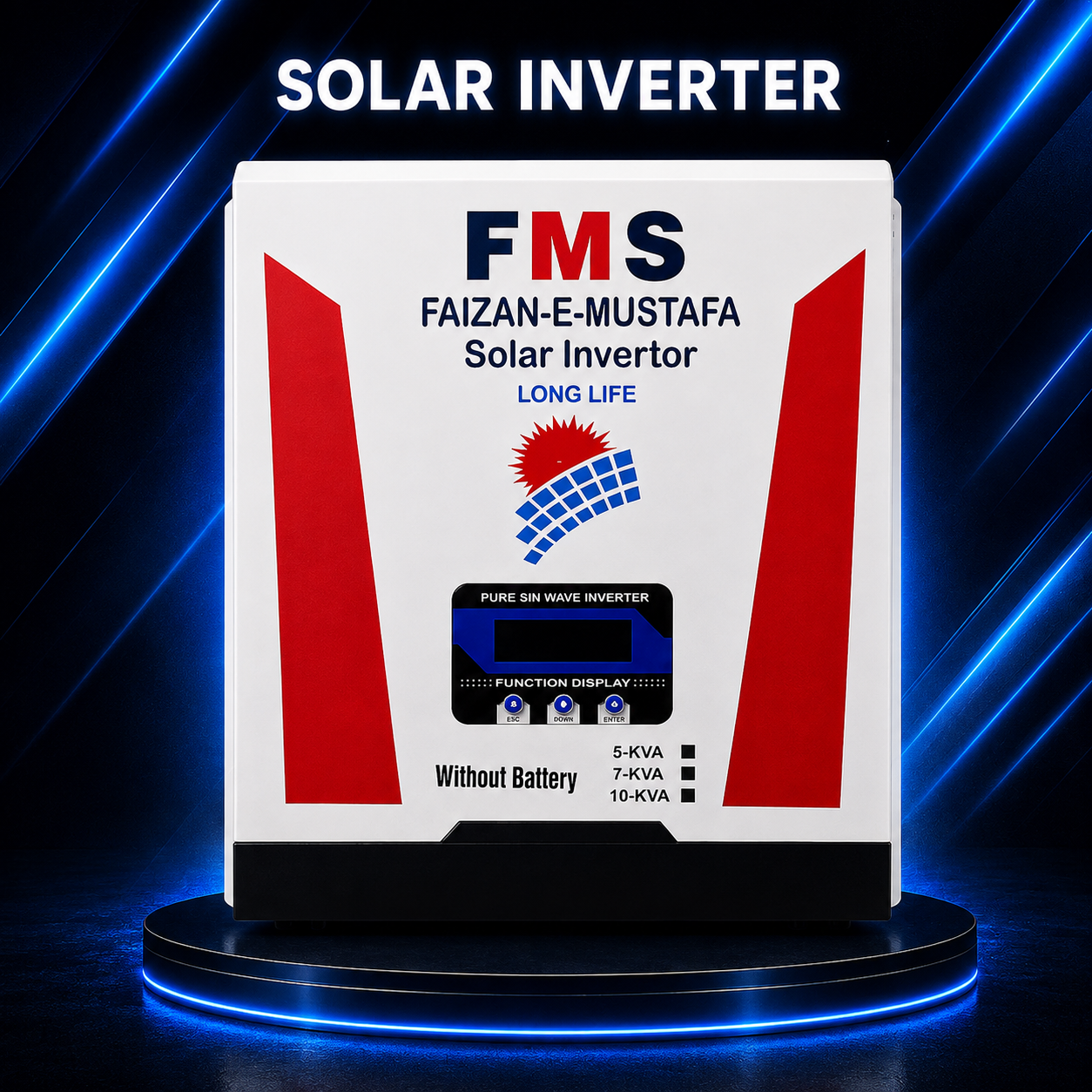 "FMS PV 10,000 Battery-Less Solar Inverter – Pure Sine Wave Solar Inverter with MPPT Technology on Premium Blue Background."