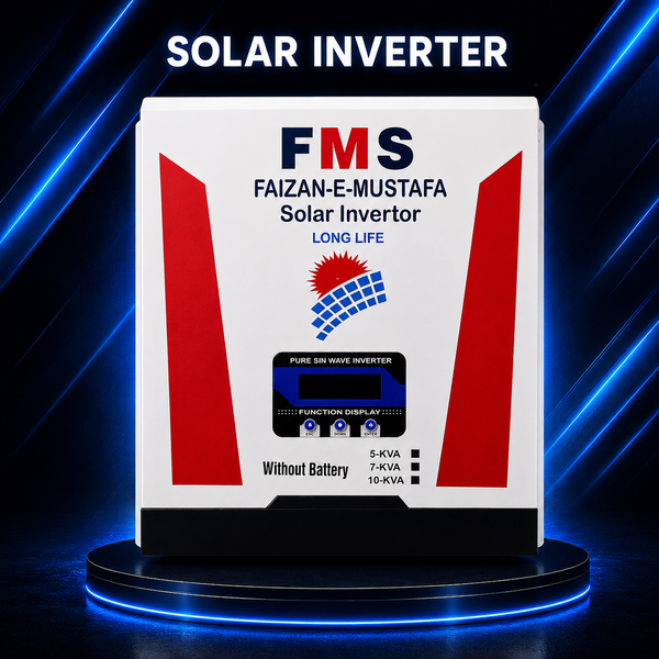 "FMS PV 10,000 Battery-Less Solar Inverter – Pure Sine Wave Solar Inverter with MPPT Technology on Premium Blue Background."