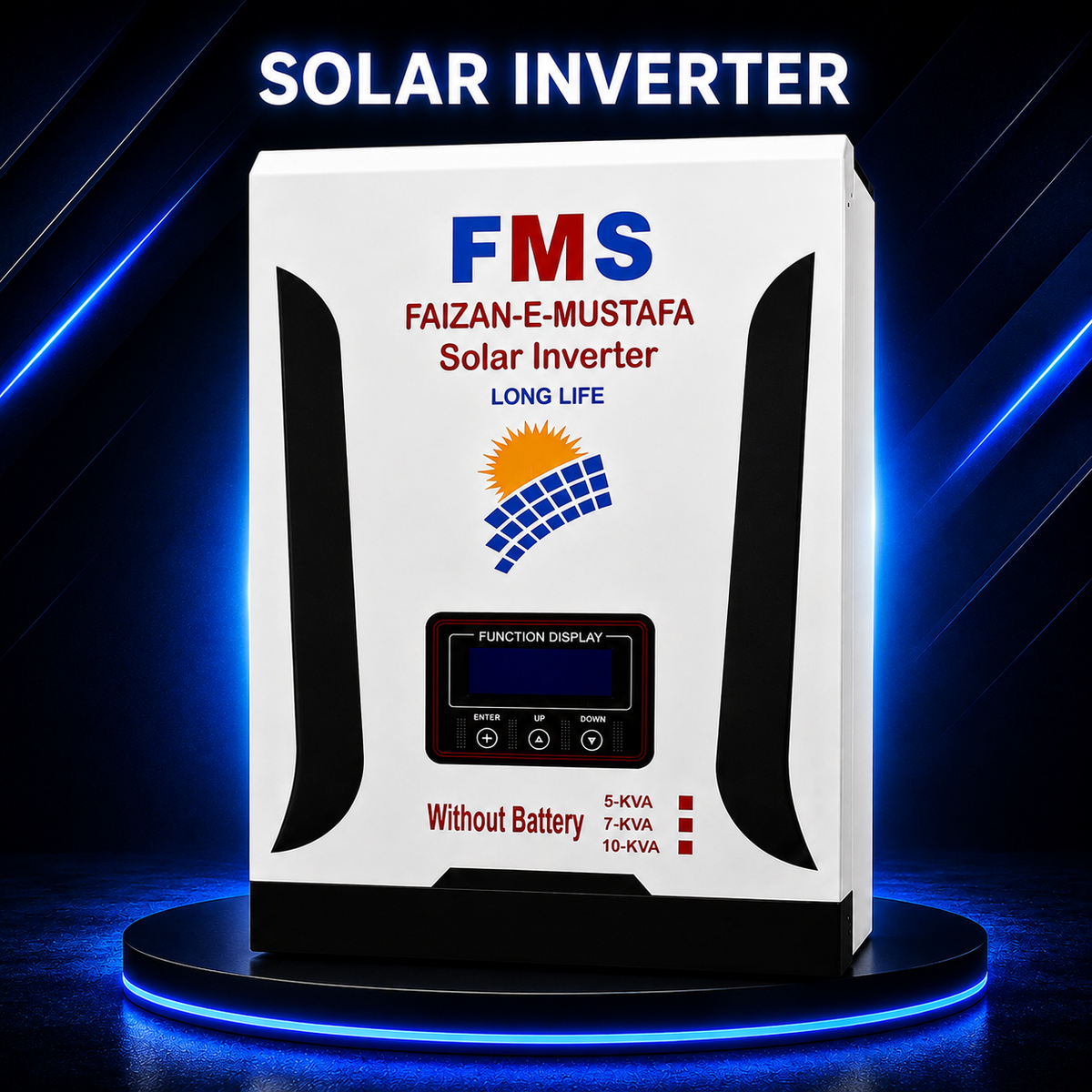 "FMS PV 10,000 Battery-Less Solar Inverter with white premium body displayed on a blue illuminated platform, featuring a modern dark blue technology background and bold 'Solar Inverter' heading for clean energy solutions."