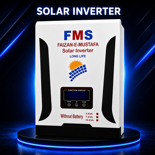 "FMS PV 10,000 Battery-Less Solar Inverter with white premium body displayed on a blue illuminated platform, featuring a modern dark blue technology background and bold 'Solar Inverter' heading for clean energy solutions."