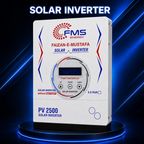 "FMS PV 2500 Solar Inverter with Pure Sine Wave Technology, white battery-less inverter displayed on a premium dark blue background, designed for home, office, and small business solar power systems."
