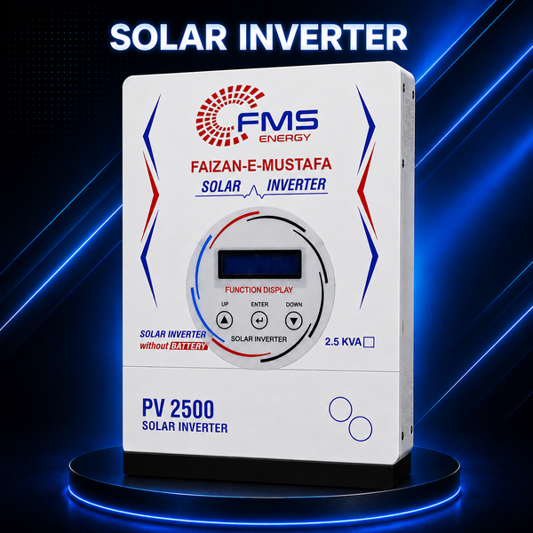 "FMS PV 2500 Solar Inverter with Pure Sine Wave Technology, white battery-less inverter displayed on a premium dark blue background, designed for home, office, and small business solar power systems."