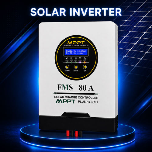 "FMS 80A MPPT Solar Charge Controller with digital LCD display, hybrid solar charge controller for 12V/24V battery systems, displayed on a premium dark blue background for residential and commercial solar power applications."