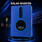 "Blue hybrid solar inverter with digital display, premium wall-mounted solar inverter on a modern dark blue background with solar panels, ideal for residential and commercial solar power systems."