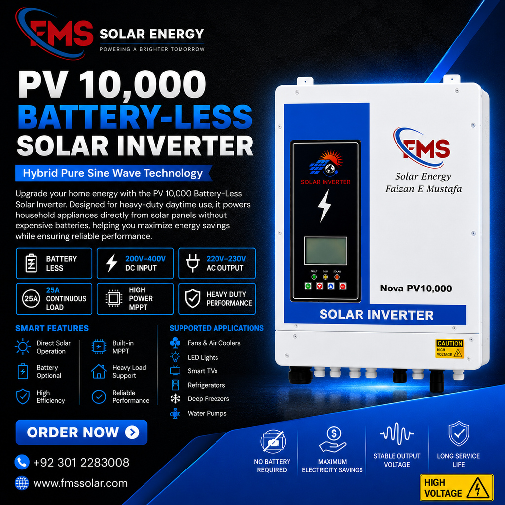 FMS Solar Energy PV 10,000 Battery-Less Solar Inverter with Hybrid Pure Sine Wave Technology, High Power MPPT, 200V–400V DC Input, 220V–230V AC Output, Heavy-Duty Solar Power Solution for Homes and Offices.