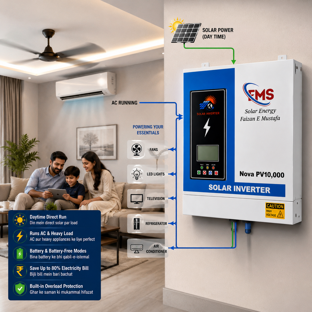 FMS Solar Energy Nova PV10,000 Battery-Less Solar Inverter wall-mounted in a modern living room, powering an air conditioner, ceiling fan, lights, refrigerator, and household appliances directly from solar energy while a family relaxes comfortably.
