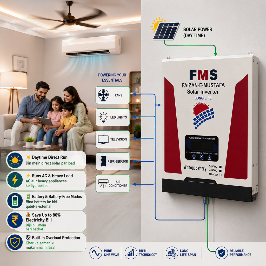 FMS Faizan-e-Mustafa Battery-Less Solar Inverter wall-mounted in a modern living room, powering an air conditioner, ceiling fan, LED lights, television, and refrigerator directly from solar energy while a family enjoys reliable electricity during the daytime.