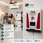 FMS Faizan-e-Mustafa Battery-Less Solar Inverter wall-mounted in a modern living room, powering an air conditioner, ceiling fan, LED lights, television, and refrigerator directly from solar energy while a family enjoys reliable electricity during the daytime.