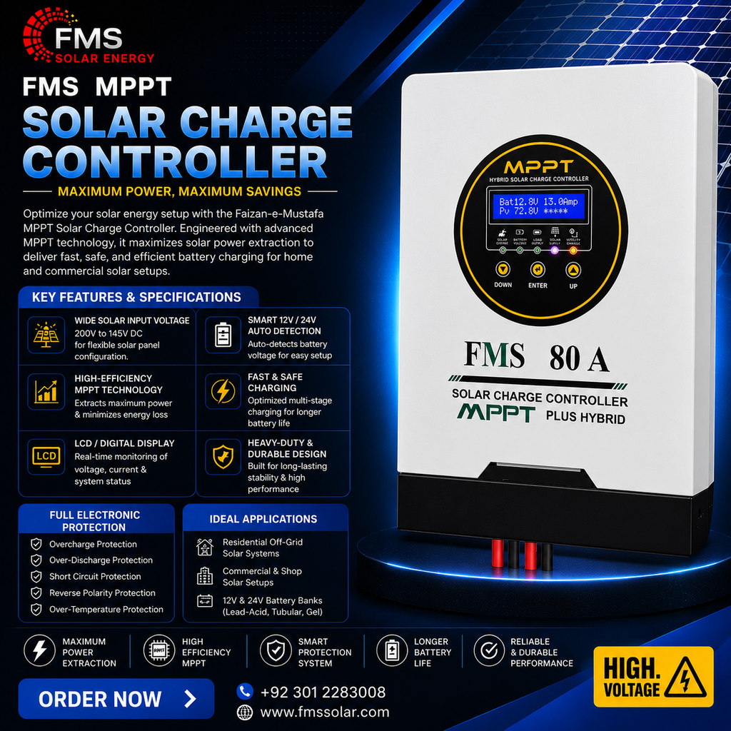 FMS 80A MPPT Solar Charge Controller Plus Hybrid by Faizan-e-Mustafa with digital LCD display, advanced Maximum Power Point Tracking technology, fast battery charging, and smart protection for home and commercial solar power systems.