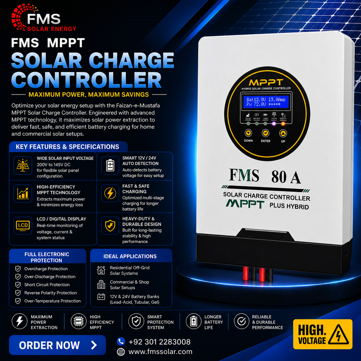 FMS 80A MPPT Solar Charge Controller Plus Hybrid by Faizan-e-Mustafa with digital LCD display, advanced Maximum Power Point Tracking technology, fast battery charging, and smart protection for home and commercial solar power systems.