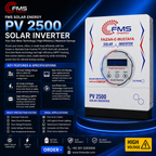 "FMS Solar Energy PV 2500 Pure Sine Wave Solar Inverter with MPPT technology for homes, offices, and small shops. Features 50V–250V DC input, 220V–230V AC output, LCD display, overload protection, short circuit protection, and high-efficiency solar power conversion."