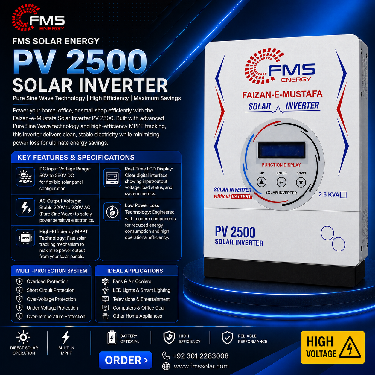 "FMS Solar Energy PV 2500 Pure Sine Wave Solar Inverter with MPPT technology for homes, offices, and small shops. Features 50V–250V DC input, 220V–230V AC output, LCD display, overload protection, short circuit protection, and high-efficiency solar power conversion."