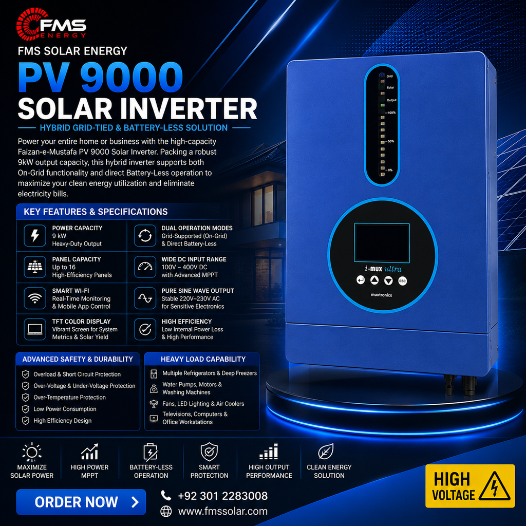 FMS PV 9000 Solar Inverter by Faizan-e-Mustafa featuring hybrid grid-tied and battery-less operation, pure sine wave technology, smart MPPT, Wi-Fi monitoring, TFT display, and 9kW high-performance solar power for homes and businesses.