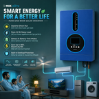"FMS Energy i-MUX Ultra 9kW Hybrid Pure Sine Wave Solar Inverter mounted on a living room wall, powering an air conditioner, ceiling fan, TV, refrigerator, and washing machine with daytime direct solar energy. Features include battery-free operation, heavy load support, up to 80% electricity bill savings, and built-in overload protection."
