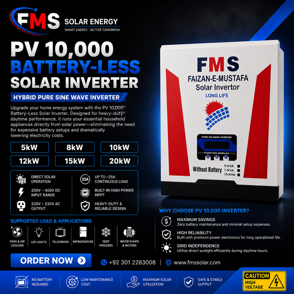 FMS Solar Energy PV 10,000 Battery-Less Solar Inverter promotional banner featuring Hybrid Pure Sine Wave technology, direct solar operation, 200V–400V DC input, 220V–230V AC output, High Power MPPT, heavy-duty performance, and energy-efficient solar power solution for homes and businesses.