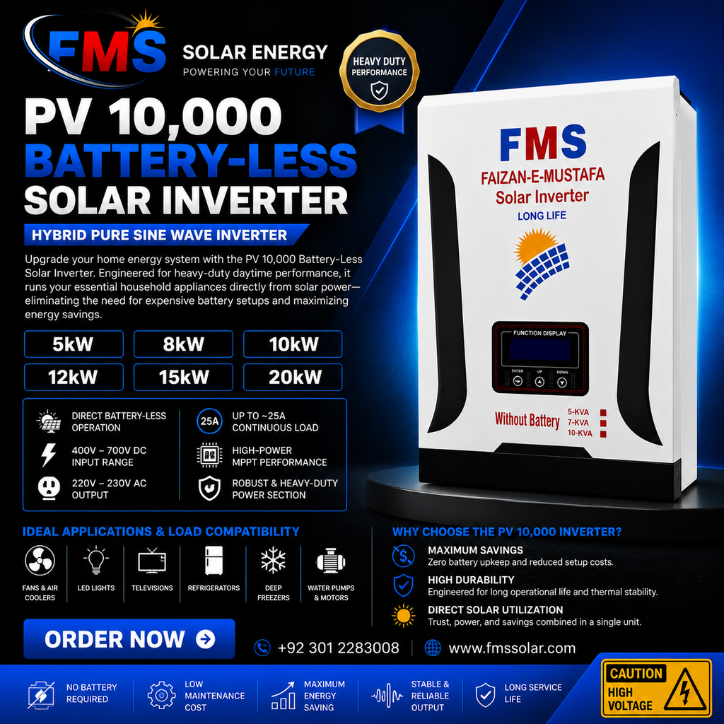 FMS Solar Energy PV 10,000 Battery-Less Solar Inverter promotional banner featuring Hybrid Pure Sine Wave technology, 400V–700V DC input, 220V–230V AC output, High-Power MPPT, heavy-duty battery-less solar power solution for homes, offices, shops, and commercial use.