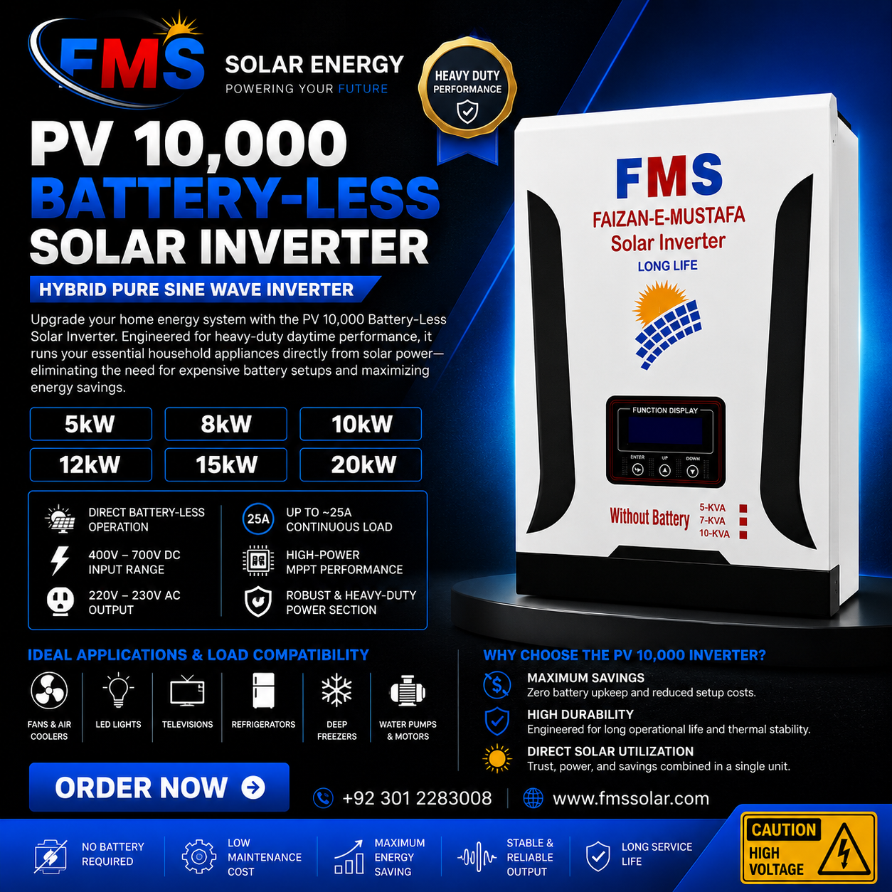 FMS Solar Energy PV 10,000 Battery-Less Solar Inverter promotional banner featuring Hybrid Pure Sine Wave technology, 400V–700V DC input, 220V–230V AC output, High-Power MPPT, heavy-duty battery-less solar power solution for homes, offices, shops, and commercial use.
