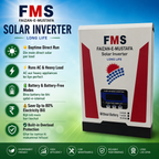 FMS Faizan-e-Mustafa Solar Inverter Without Battery featuring daytime direct solar operation, AC and heavy load support, battery and battery-free modes, up to 80% electricity bill savings, built-in overload protection, and long-life hybrid pure sine wave technology.
